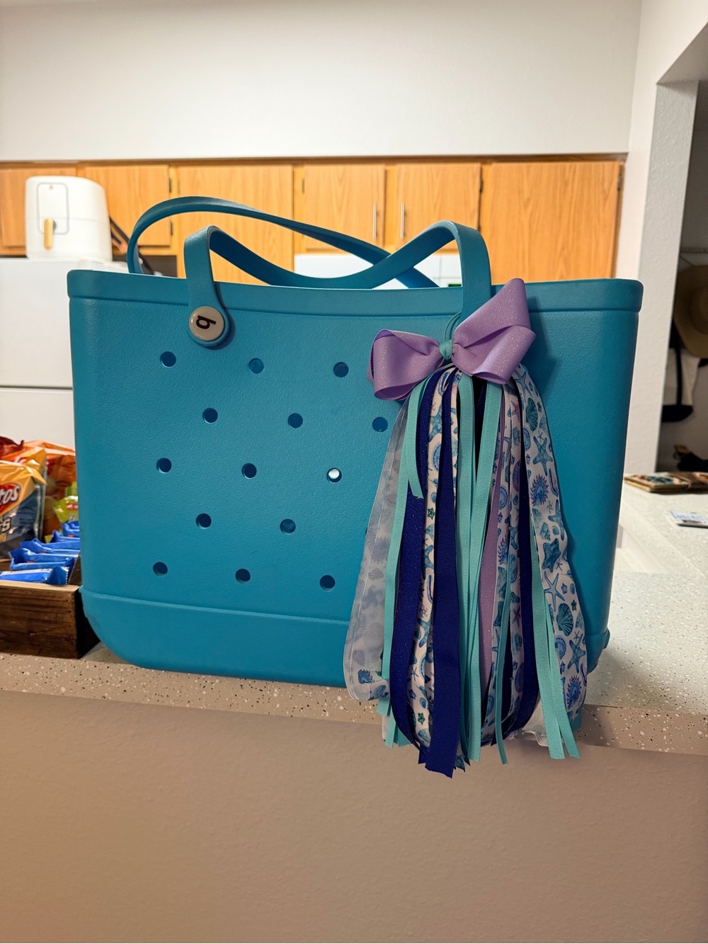 BOGG BAG Teal Tote with Purple Ribbon and Mixed Blue Accents